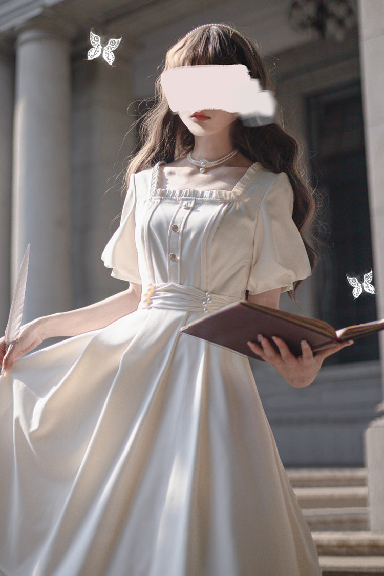 Apricot Random Thoughts Square Collar Short Sleeves Ruffle Classic Vintage Elegant Lolita Dress