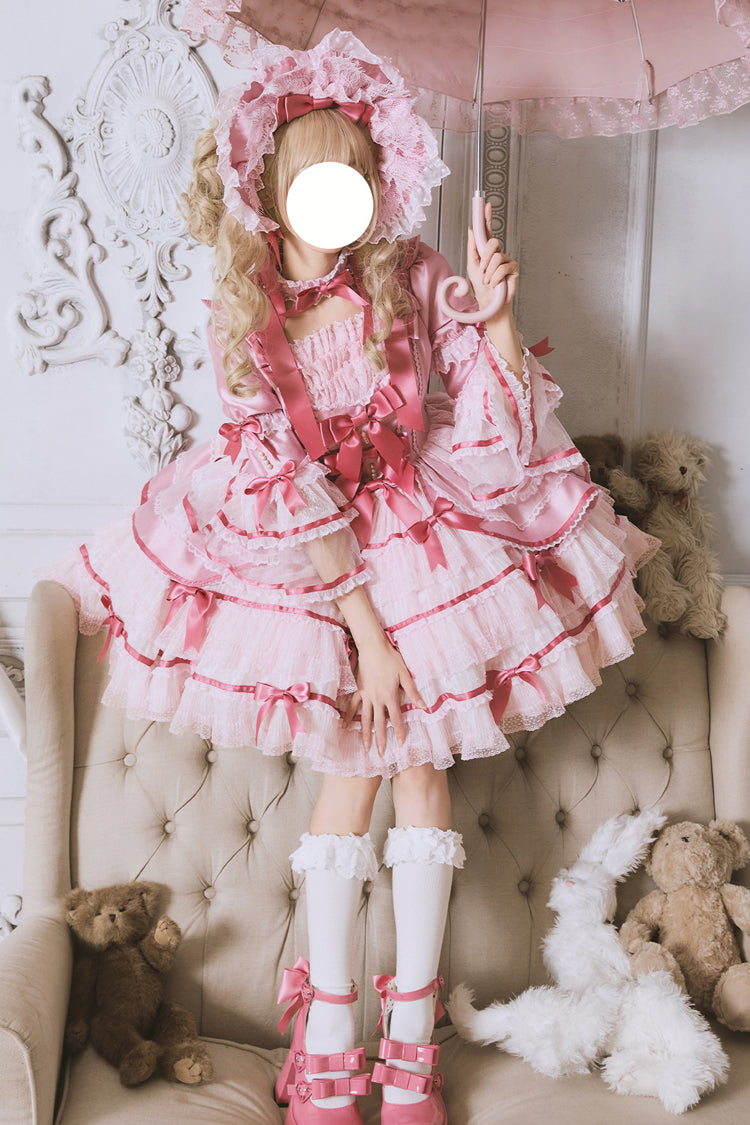 Pink Velvet Cake Long Trumpet Sleeves Multi-Layered Ruffle Bowknot Lace Sweet Lolita Dress