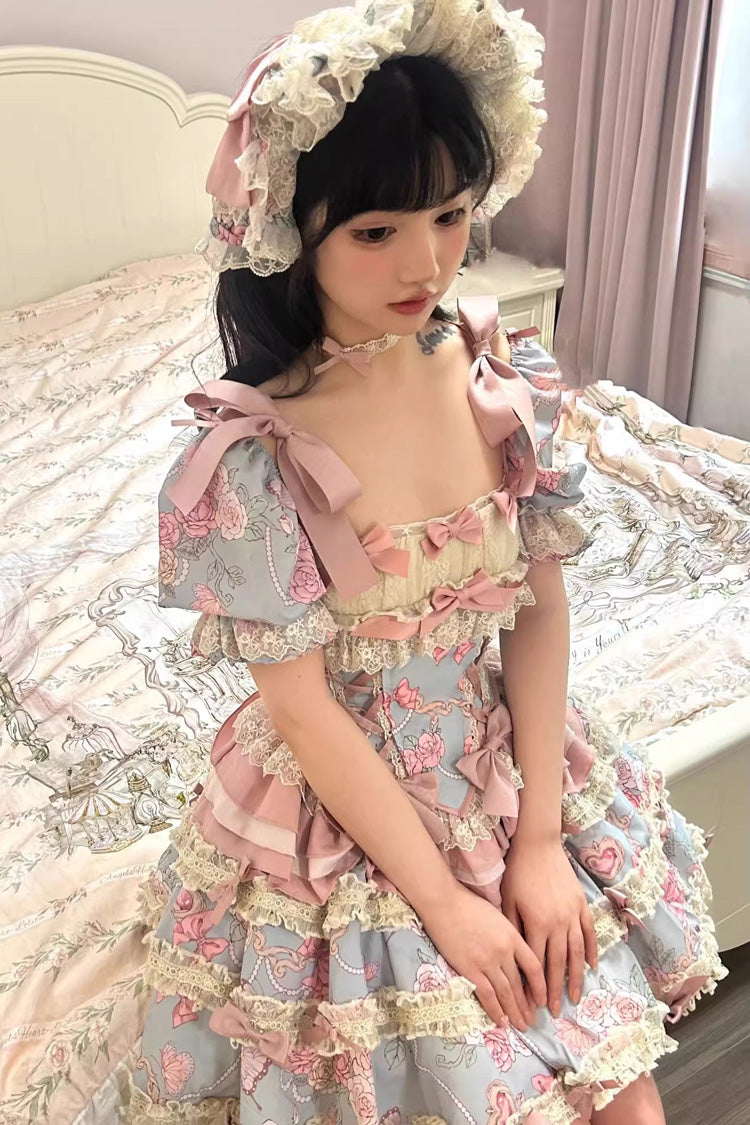 Blue/Pink Gem Rose Multi-Layered Ruffle Bowknot Lace Sweet Princess Lolita Skirt 2 Versions