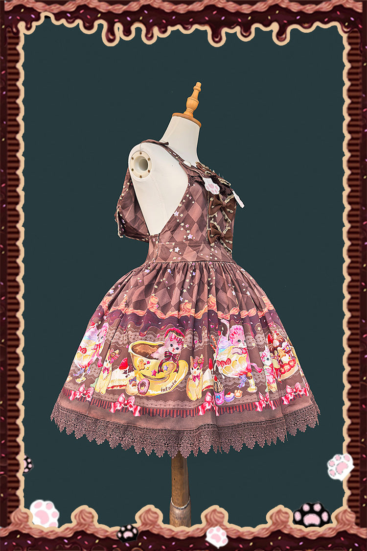 Cream Meow Sleeveless Print Bowknot Hooded Sweet Lolita Strap Dress 3 Colors