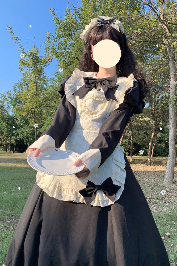 Black/White Maid Long Sleeves Ruffle Bowknot Stitching Sweet Long Lolita Dress