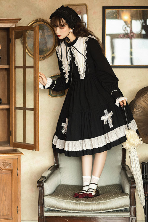 Dark Black Temple Of The Cross Doll Collar High Waisted Long Sleeves Multi-Layer Ruffled Gothic Lolita OP Dress