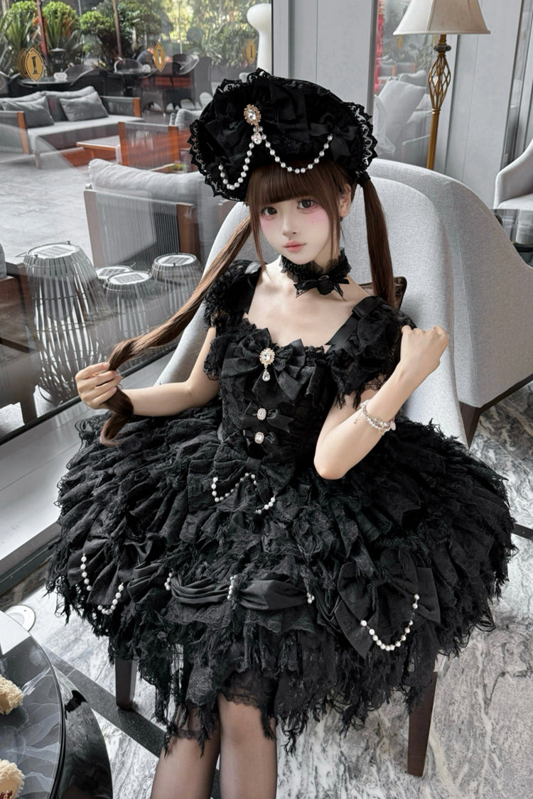 Black Cloudborne Snowfeather Sleeveless Multi-Layered Hanayome Bowknot Pearl Gothic Lolita Jsk Dress