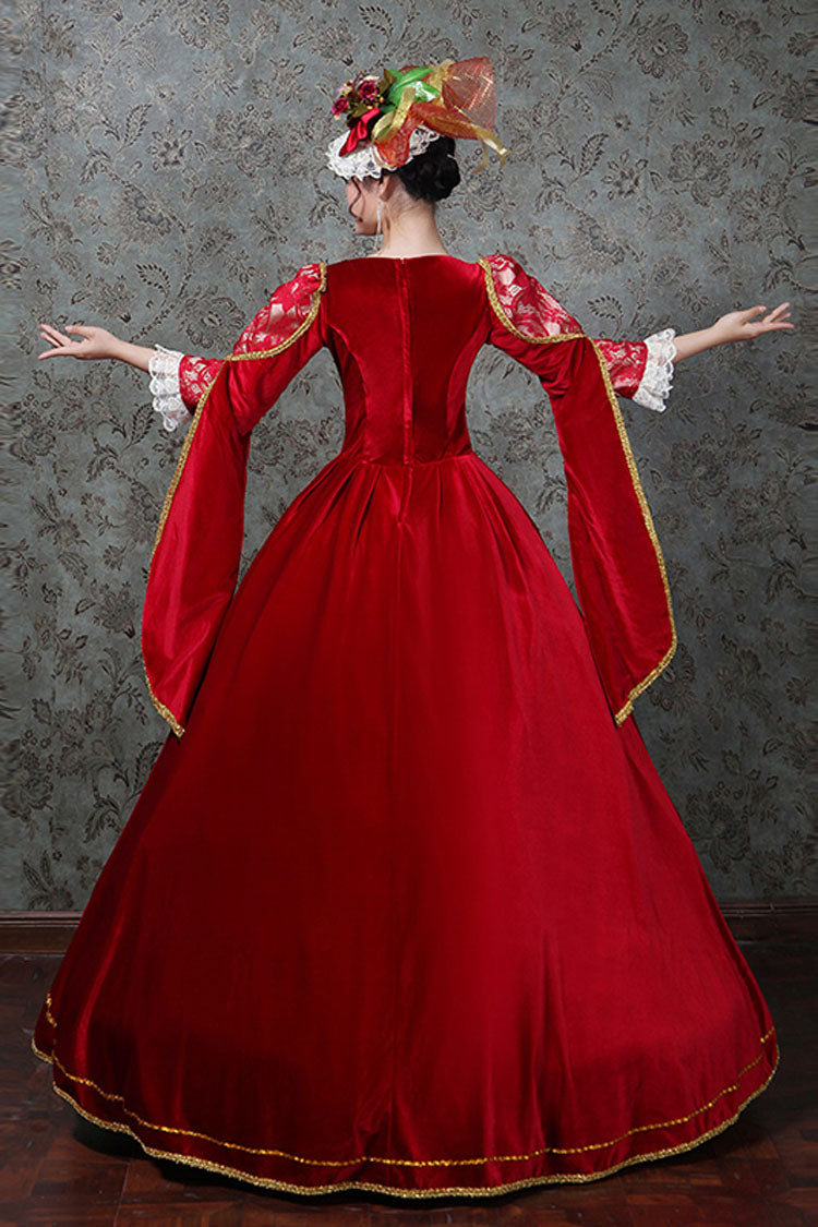 Red Hollow Embroidery Floral Print Half Sleeves High Waisted Victorian Lolita Prom Dress
