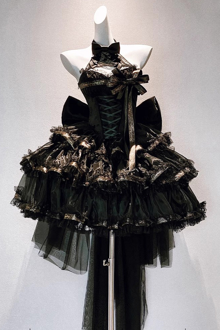 Black First Kiss Halterneck Triple-Layered Ruffle Lace Hot Stamping Gothic Princess Lolita Dress