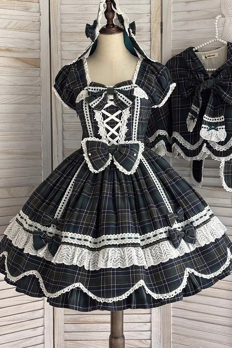 Green Gingham Petal Bunny Short Sleeves Printed Ruffled Bow Sweet Lolita OP Dress