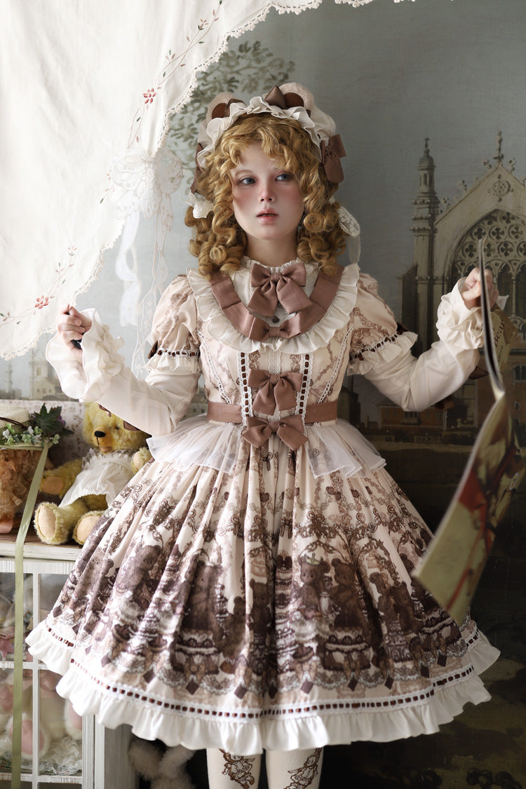 Brown Teddy Bear Party Round Collar Short Sleeves Printed Ruffled Bow Daily Sweet Lolita Dress