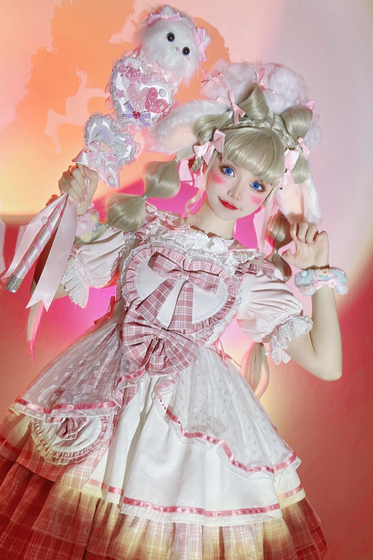 Pink Valentine's Day Multi-Layered Print Ruffle Cardigan Bowknot Lace Sweet Lolita Jsk Dress