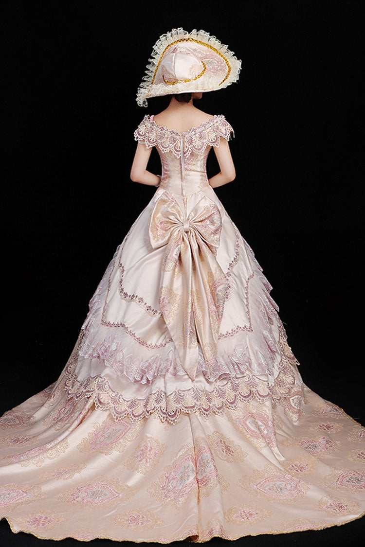 Pink Boat Neck High Waisted Hollow Embroidery Floral Print Multi-Layer Victorian Lolita Prom Dress