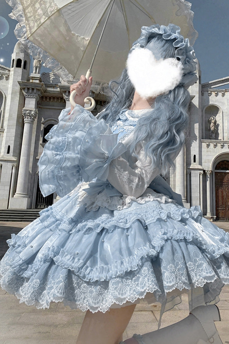 Blue Whale Lapel Collar Short Sleeves Triple-Layered Ruffle Embroidery Sweet Lolita Dress