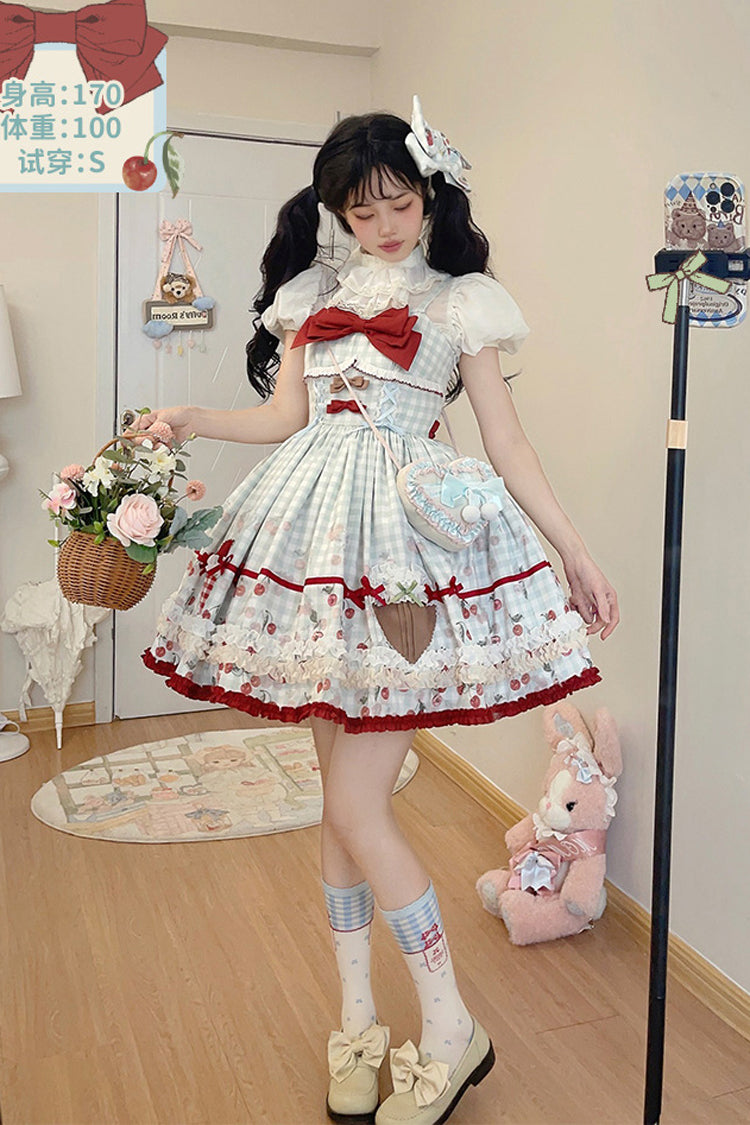 Light Blue South City Cherry Shop Plaid Print Ruffle Bowknot Sweet Lolita Jsk Dress