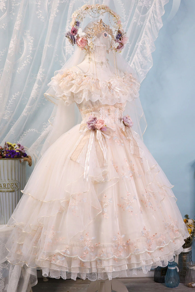 Ivory Flora Multi-Layered Ruffle Hanayome Embroidery Bowknot Sweet Lolita Jsk Dress
