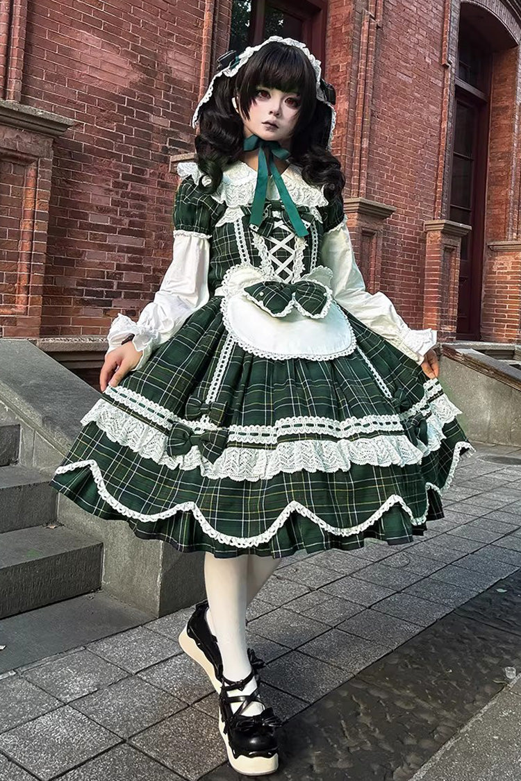 Green Gingham Petal Bunny Short Sleeves Printed Ruffled Bow Sweet Lolita OP Dress