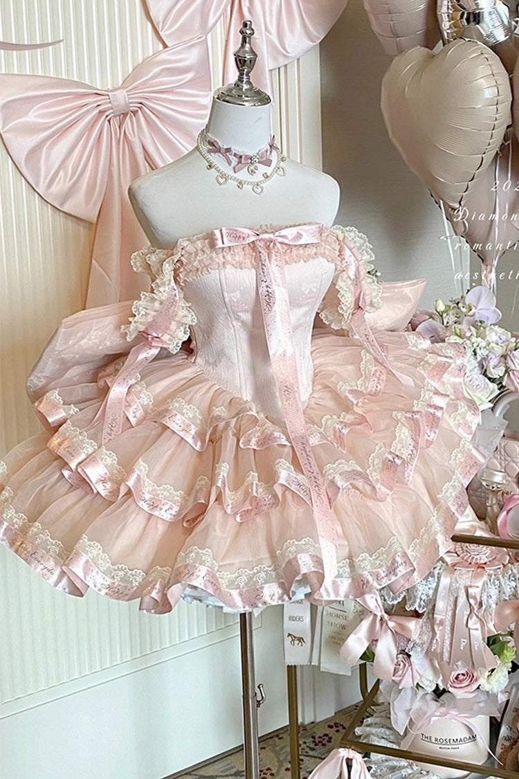 Pink Princess Ribbon Off Shoulder Triple-Layered Ruffle Bowknot Sweet Lolita Dress