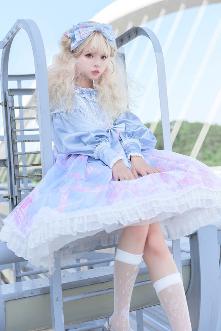 Sky Blue Dreamy Deep Sea Theater Print Bowknot Long Sleeves Princess Sweet Lolita OP Dress