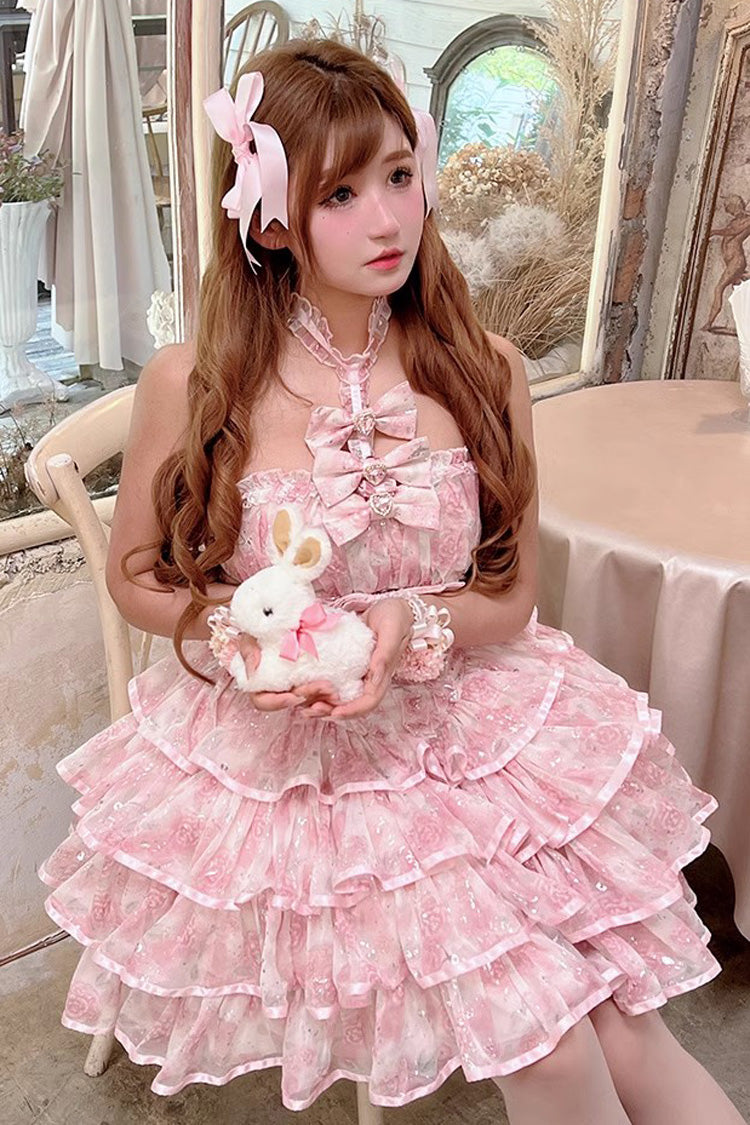 Pink Broken Silver Rose Halterneck Sleeveless Multi-Layered Ruffle Bowknot Sweet Princess Lolita Tiered Dress