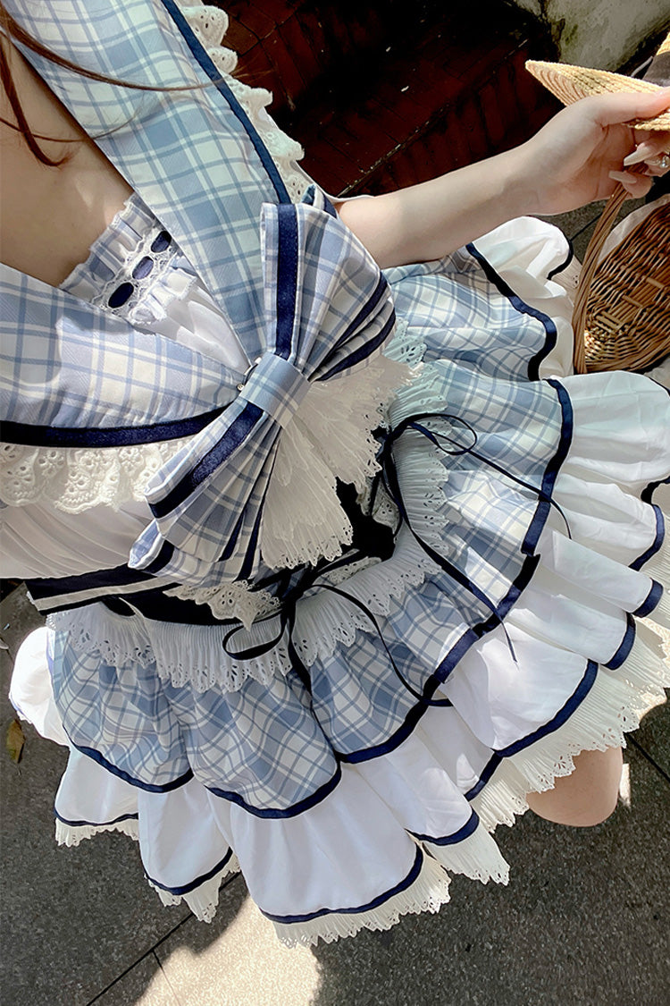 Blue/White Sailing Love Navy Collar Sleeveless Plaid Print Ruffle Bowknot Sweet Lolita Dress