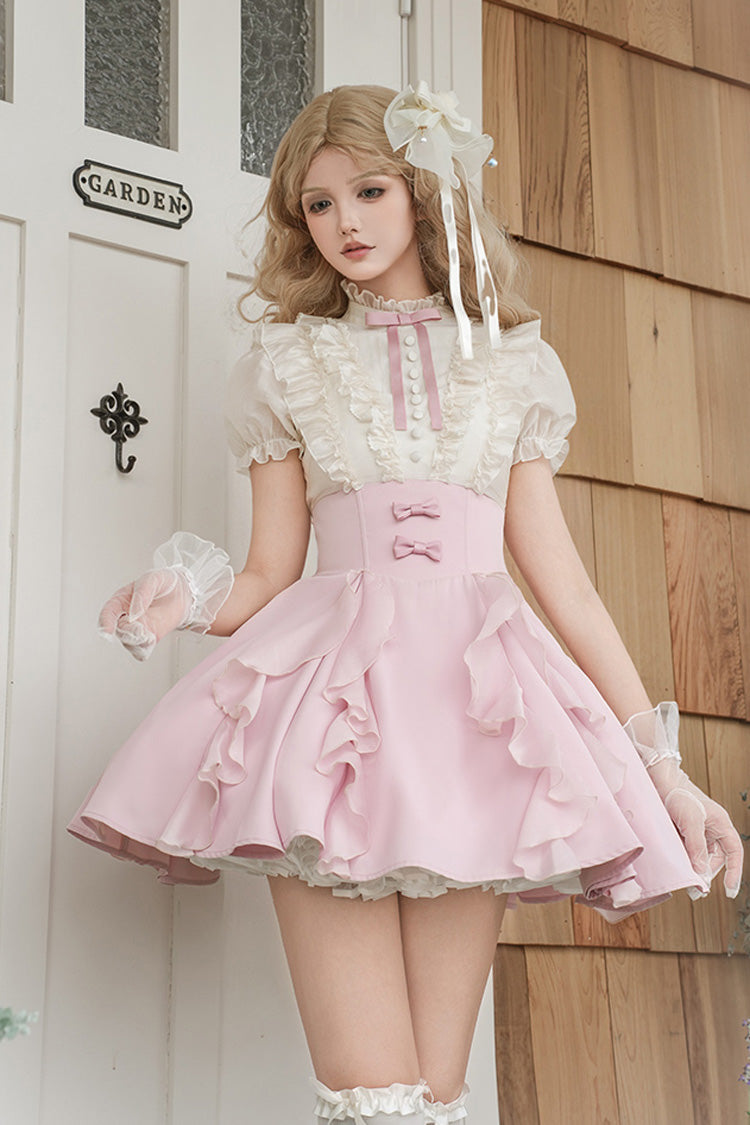 Pink/Apricot Miss Lola Stand Collar Short Sleeves Ruffle Bowknot Sweet Lolita Dress