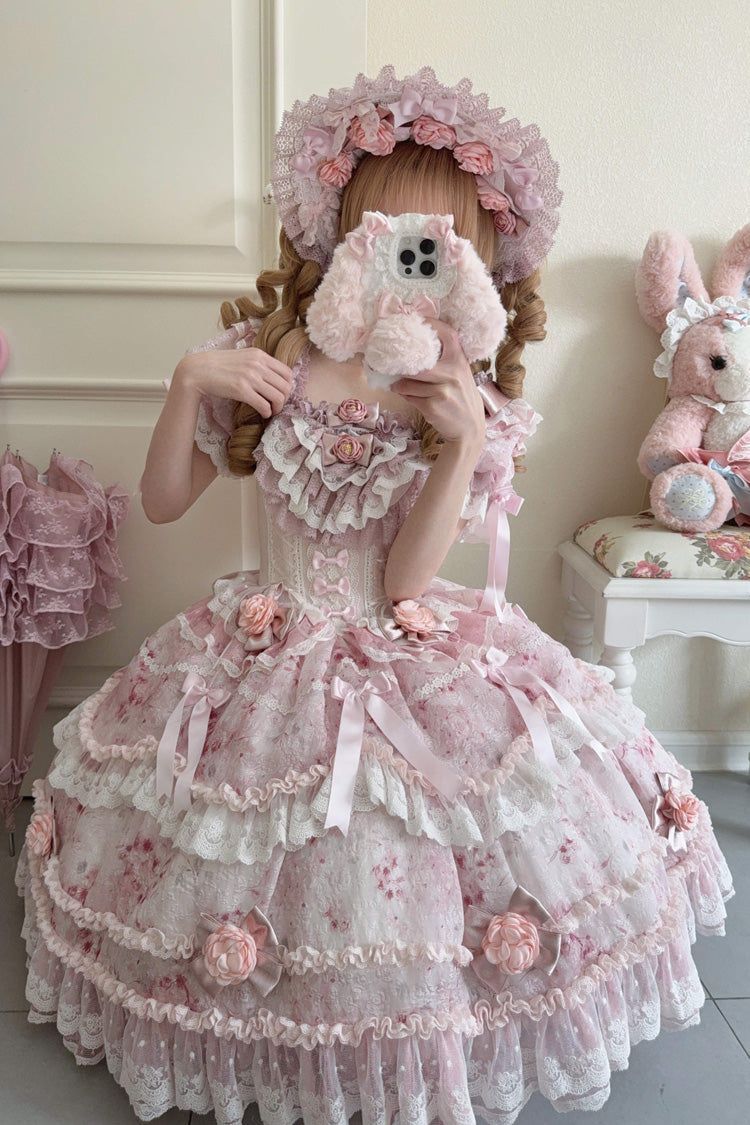 Pink Rose Manor Short Puff Sleeves Ruffle Bowknot Lace Sweet Japanese Princess Lolita Dress