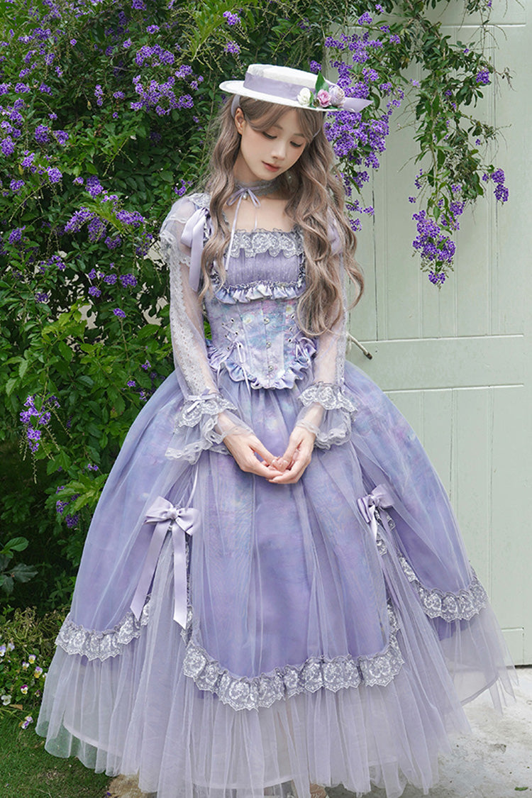 Purple Square Collar Long Sleeves Ruffle Bowknot Lace Fishbone Sweet Lolita Dress