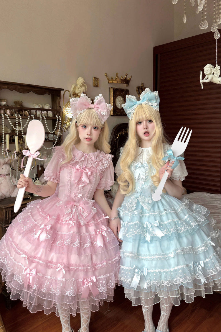 Pink Lotus Butterfly Heart Multi-Layered Ruffle Hanayome Bowknot Lace Sweet Lolita Jsk Dress