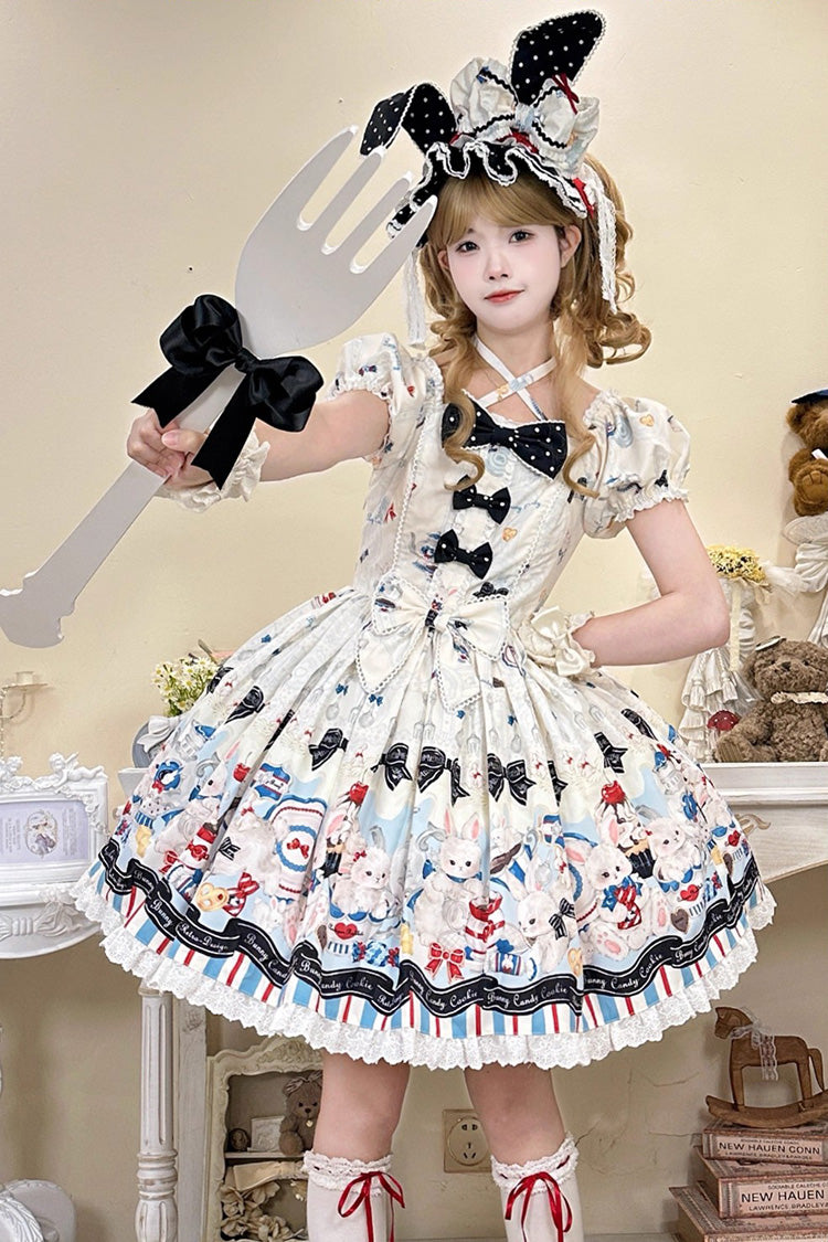 Beige Mystery Rabbit Tea Party Square Collar Short Sleeves Print Ruffle Bowknot Lace Sweet Lolita Dress