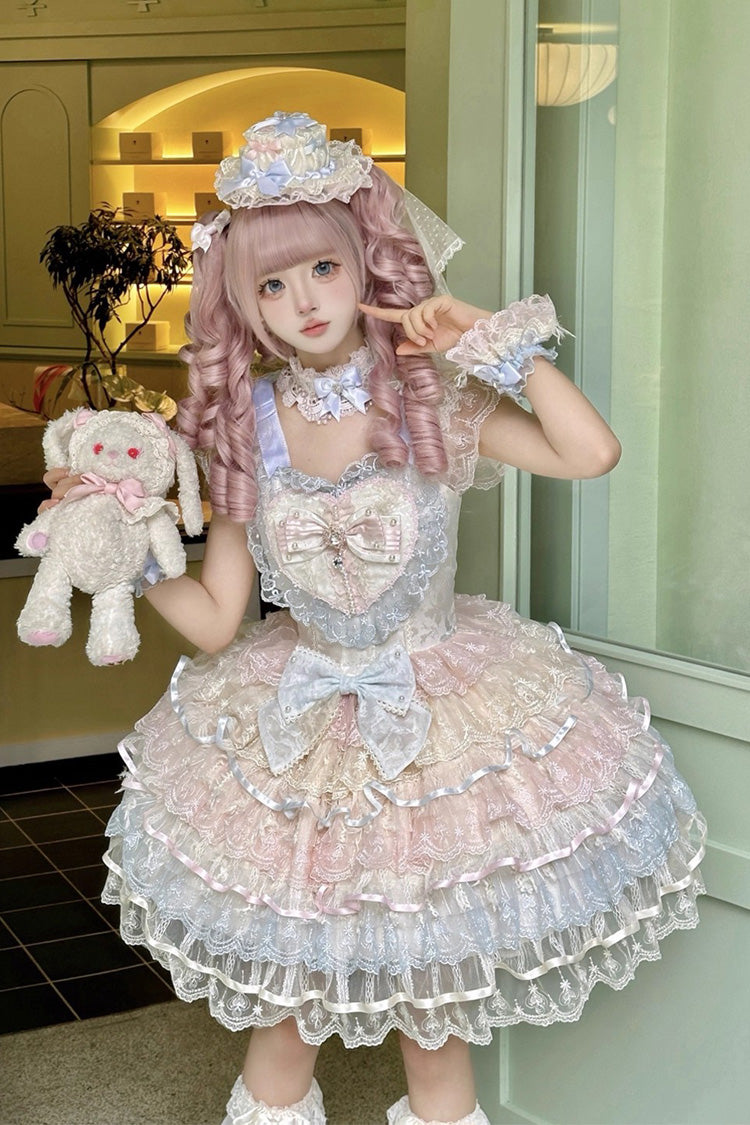 Rainbow Colors Ballad of Feathers Sleeveless Multi-Layered Ruffle Hanayome Bowknot Sweet Lolita Jsk Dress