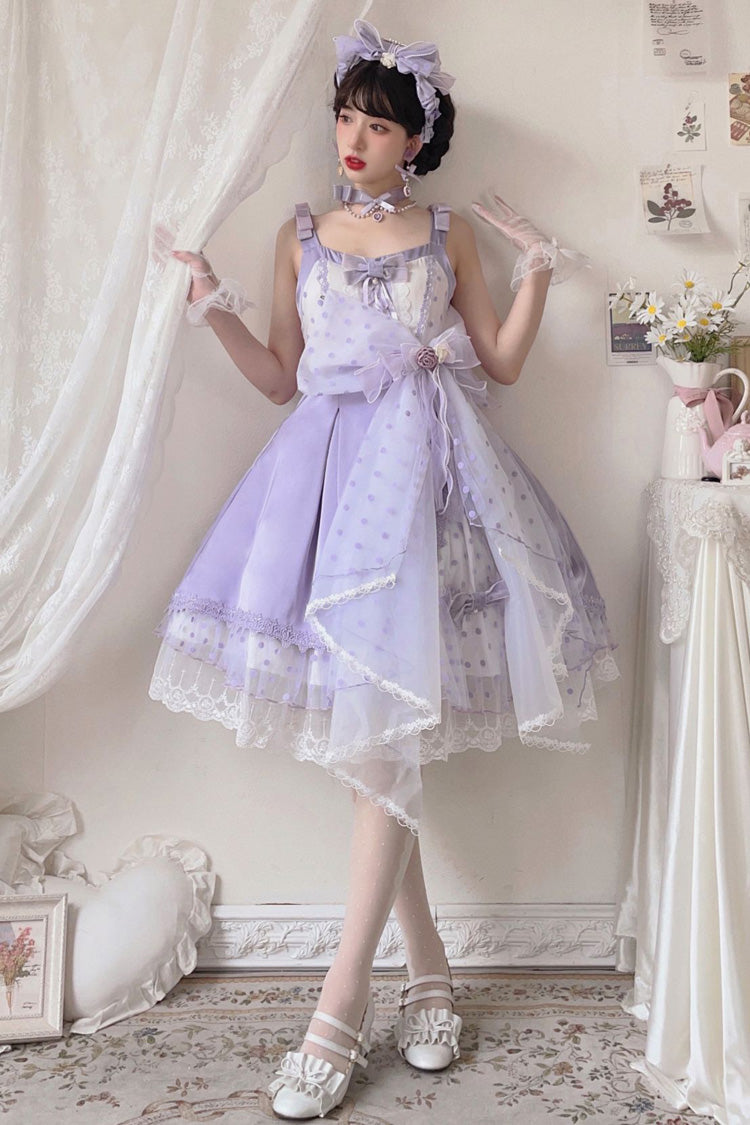 Purple Polka Waltz Sleeveless Print Bowknot Stitching Lace Sweet Lolita Jsk Dress