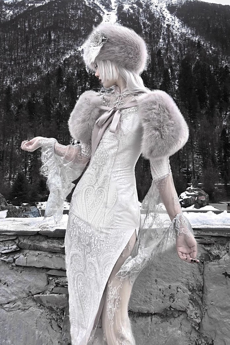 Silver The Call of the Snow Country V Collar Long Sleeves High Waisted Ruffle Lace Gothic Lolita Fishtail Dress