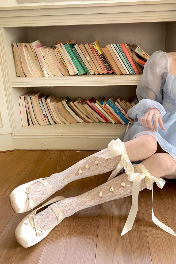 Flower Cut-Out Lace Bow Sweet Lolita Stockings 2 Colors
