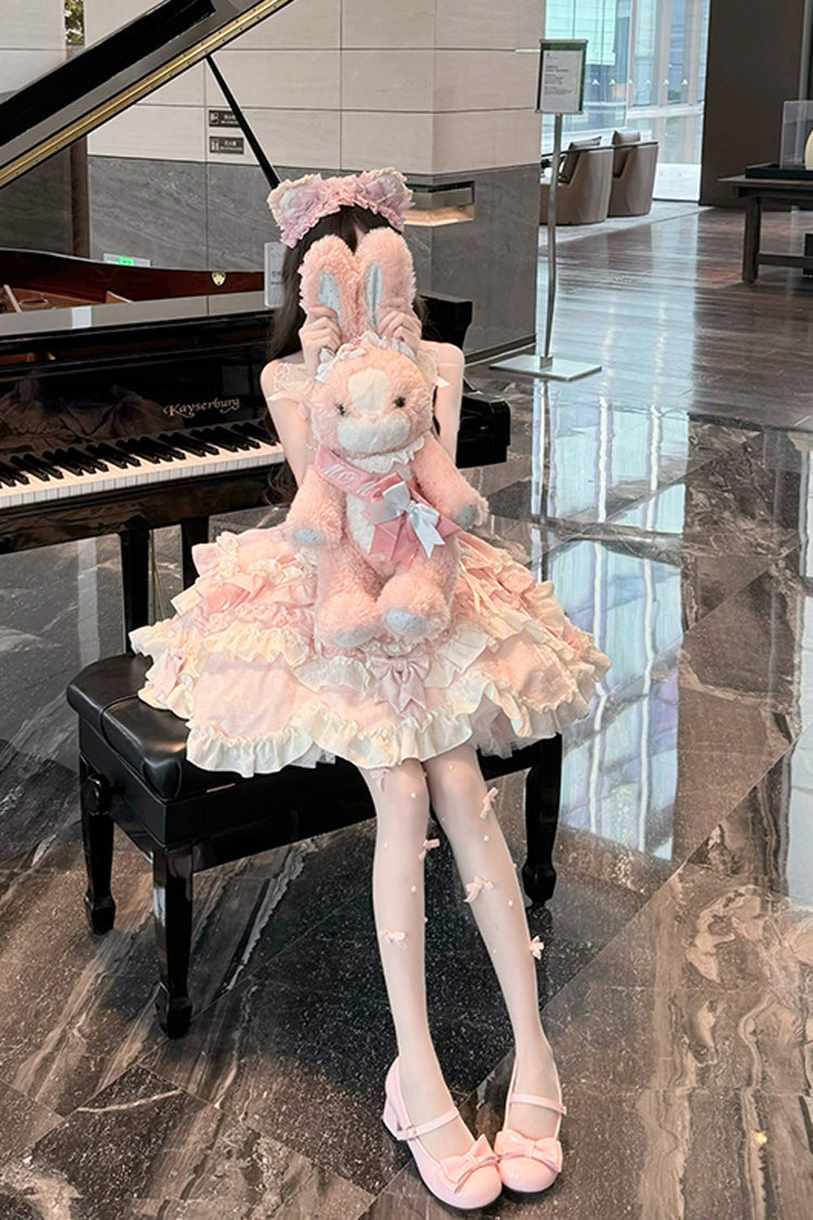 Pink Heart of Butterfly Halterneck Sleeveless Multi-Layered Ruffle Embroidery Princess Ballet Lolita Jsk Dress Set