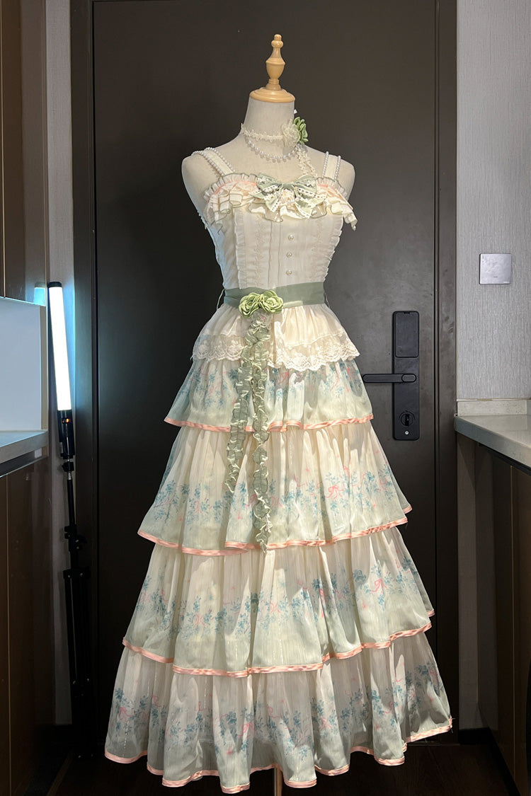 Green Lilac Thoughts Sleeveless Gradient Multi-Layered Print Ruffle Bowknot Lace Sweet Lolita Dress Set