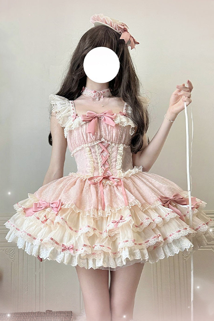 Pink Flory Butterfly Double-Layered Ruffle Bowknot Lace Lace-Up Sweet Ballet Lolita Jsk Dress