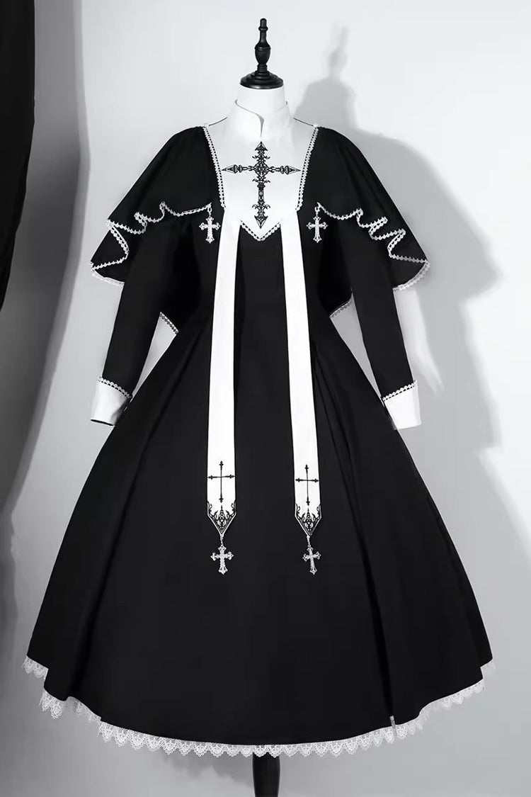 Black Nun Long Sleeves Print Stitching Lace Gothic Elegant Lolita Dress
