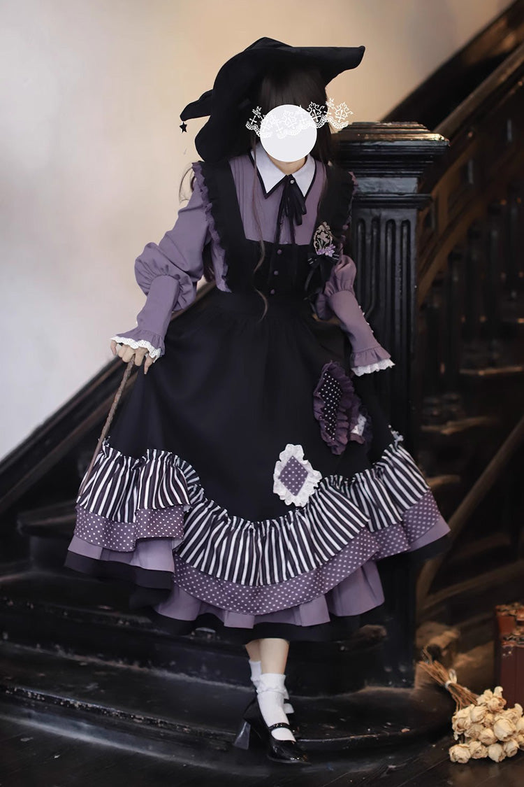 Black Witch Academy Double-Layered Stripe Print Ruffle Bowknot Irregular Sweet Lolita Jumper Dress