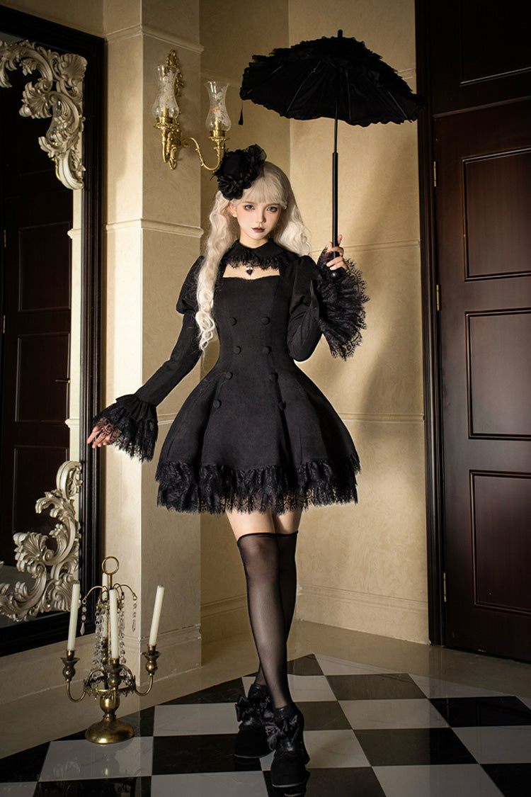 Black Midnight Whisper Double-breasted Short Sleeves Hollow Gothic Lolita Dress