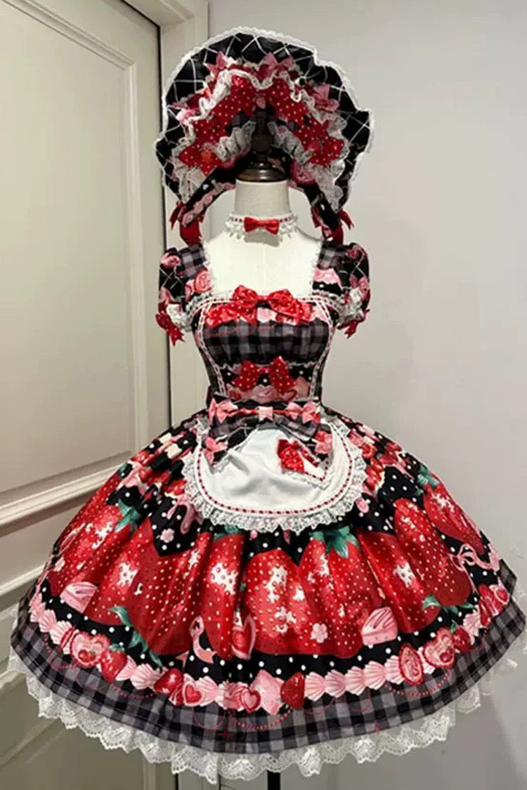 Dream to Strawberry Print Short Sleeves Ruffle Bowknot Lace Sweet Lolita OP Dress 4 Colors