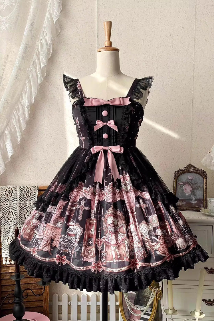 Black The Case of the Missing Lamb Print Ruffle Bowknot Lace Gothic Lolita Jsk Dress