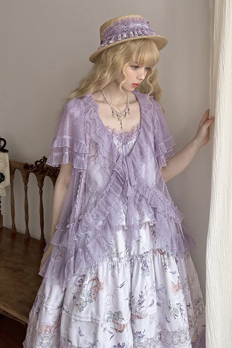 Purple Pea Squirrel Sleeveless Multi-Layered Pastoral Print Ruffle Embroidery Lace Sweet Elegant Lolita Jsk Dress