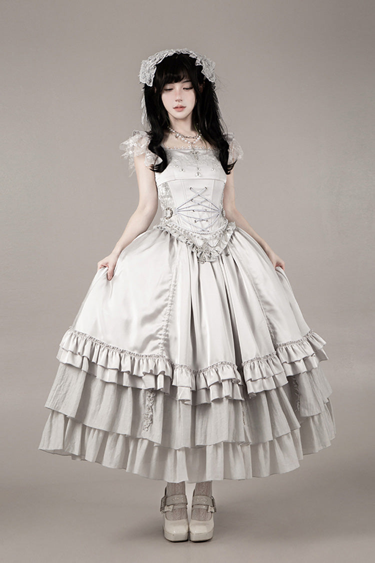 Solid Color Bionic Doll Square Collar Multi-Layered Ruffle Bowknot Lace-Up Gothic Lolita Long Skirt Corset Set