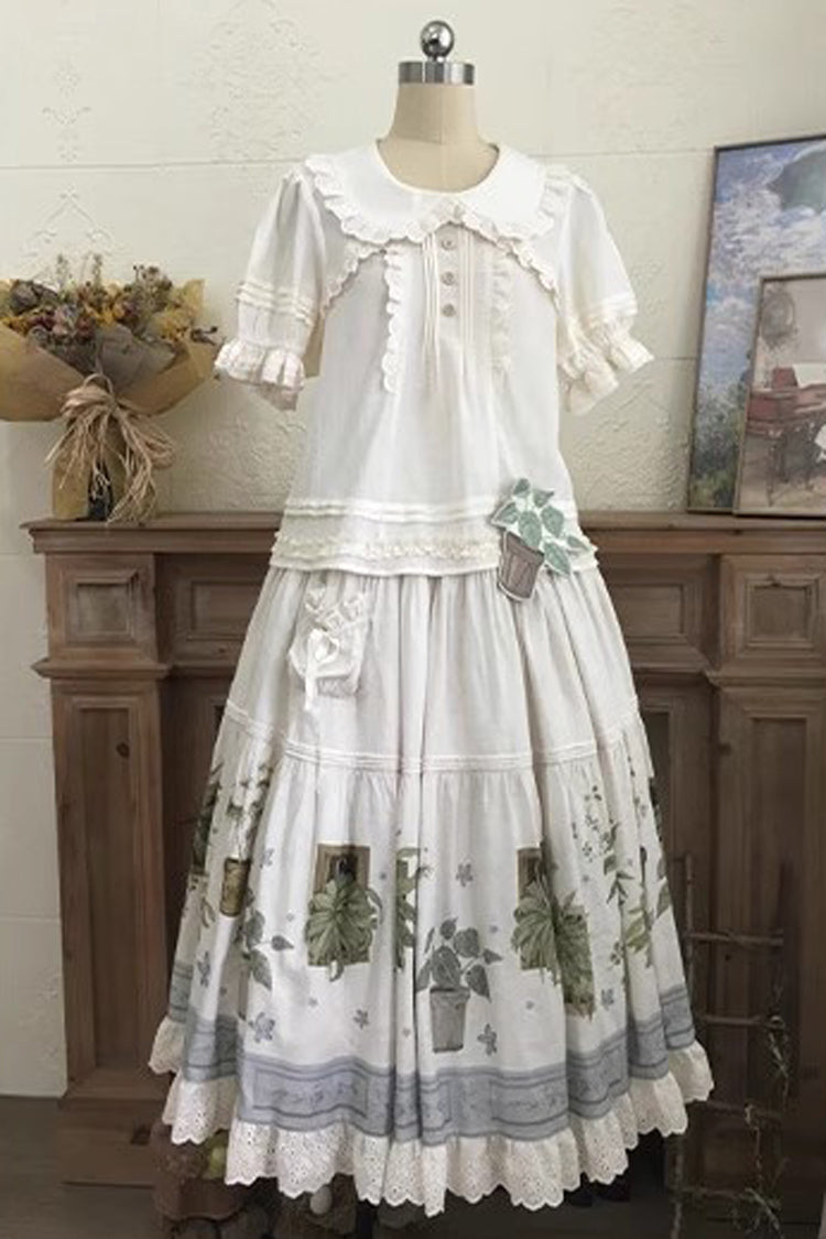 Ivory Potted Plant Print Ruffle Sweet Lolita Skirt