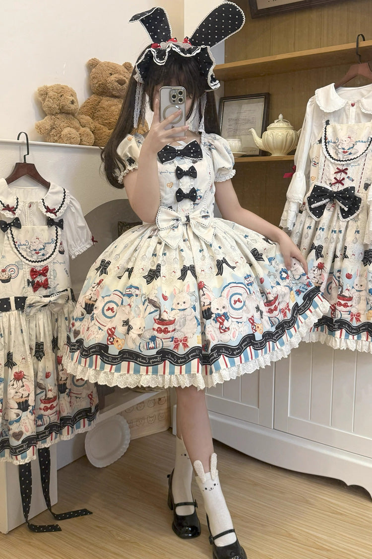Beige Mystery Rabbit Tea Party Square Collar Short Sleeves Print Ruffle Bowknot Lace Sweet Lolita Dress