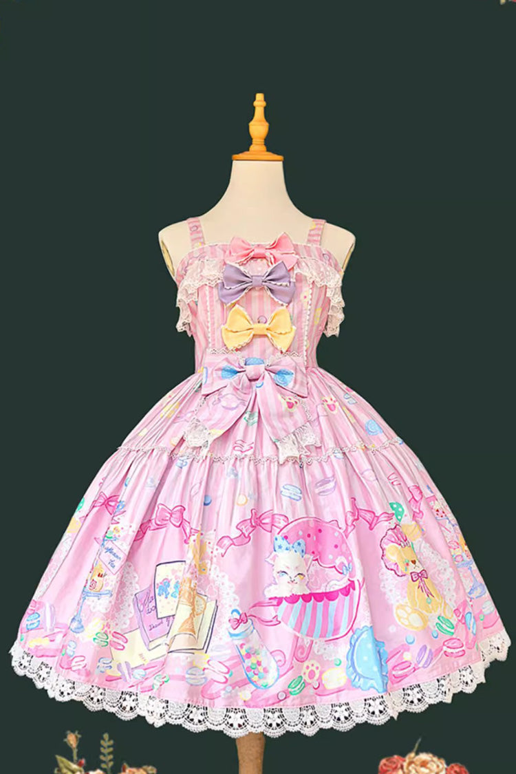 Pink Macaron Dolly House Sleeveless Print Bowknot Sweet Lolita Jsk Dress