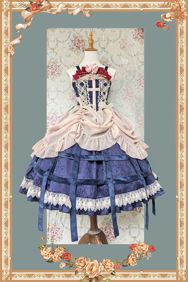 Lilith's Cage Sleeveless Print Ruffle Bowknot Lace-Up Gothic Elegant Lolita Jsk Dress 2 Colors