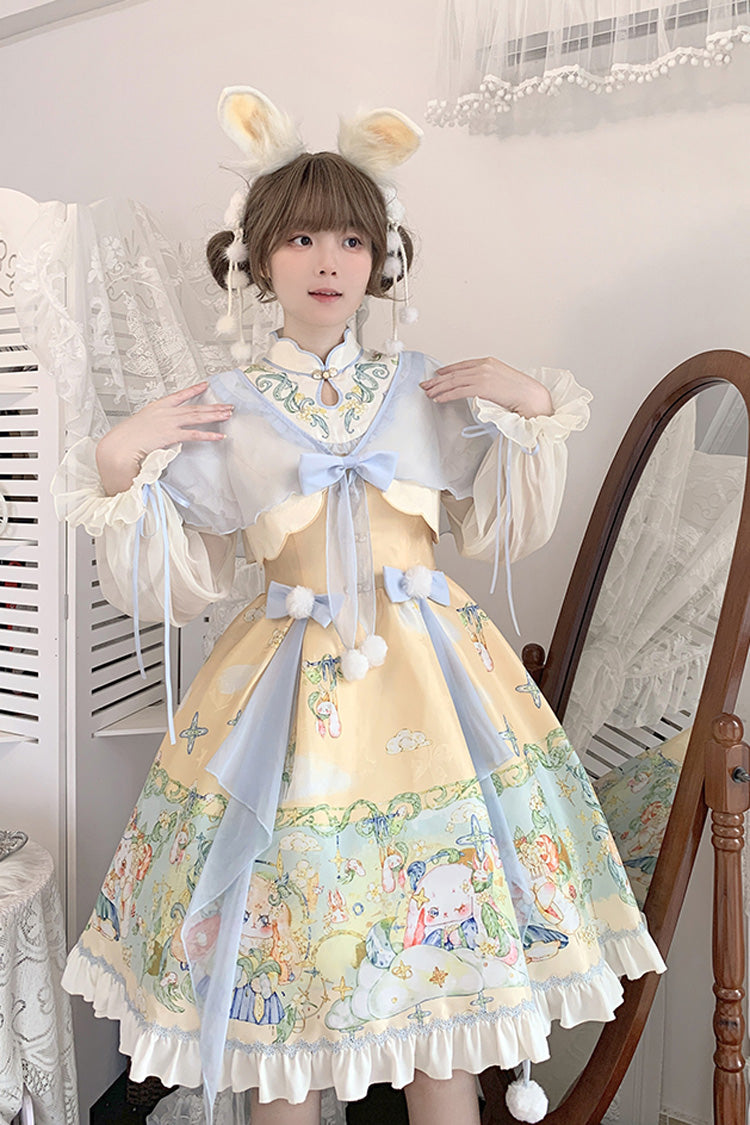Multi-Color Fairy Rabbit Print Ruffle Bowknot Sweet Chinese Style Princess Lolita Dress