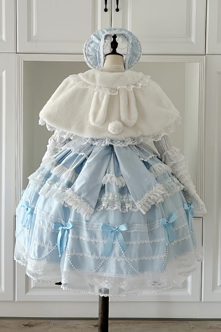 Showa Girl Sleeveless Triple-Layered Ruffle Bowknot Lace Pearl Sweet Japanese Lolita Jsk Long Dress 2 Colors