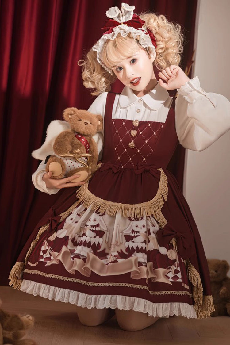 Red Doll Collar Bunny Reading Club Print Ruffle Lace Fake Two Pieces Sweet Princess Lolita Dress