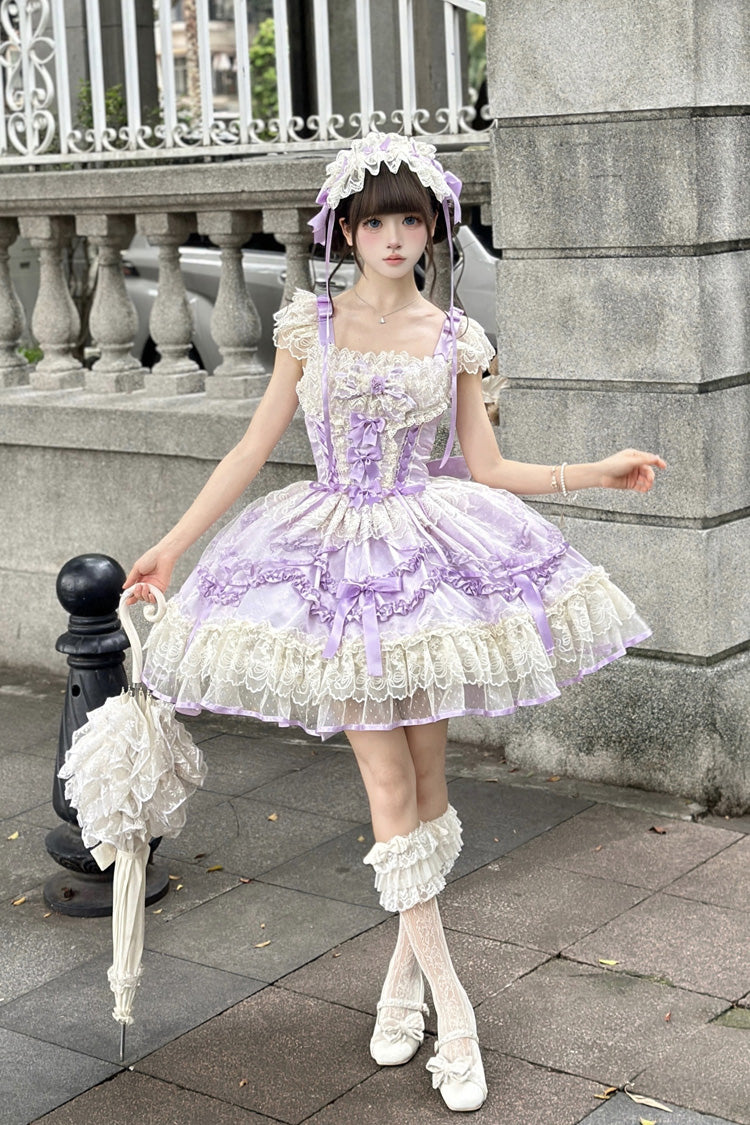 Purple Dreaming Butterfly Multi-Layered Jacquard Ruffle Bowknot Lace Sweet Princess Lolita Jsk Dress