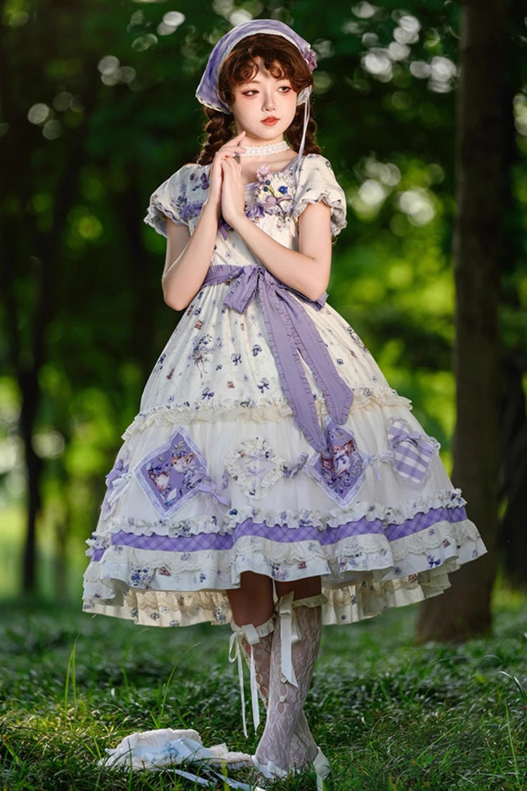 Purple/Ivory Blueberry Pie Print Short Sleeves Ruffle Bowknot Sweet Lolita Dress