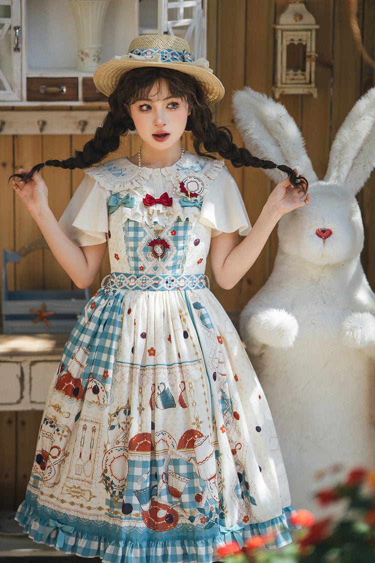 Blue/Green Tea Party Print Ruffle Bowknot Lace Sweet Elegant Lolita Jsk Dress